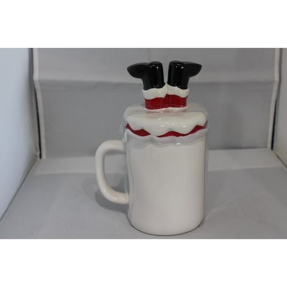 Rae Dunn BOTTOMS UP Christmas Mug/top W/ Santa’s Boots Upside Down in Chimney - Picture 4 of 4